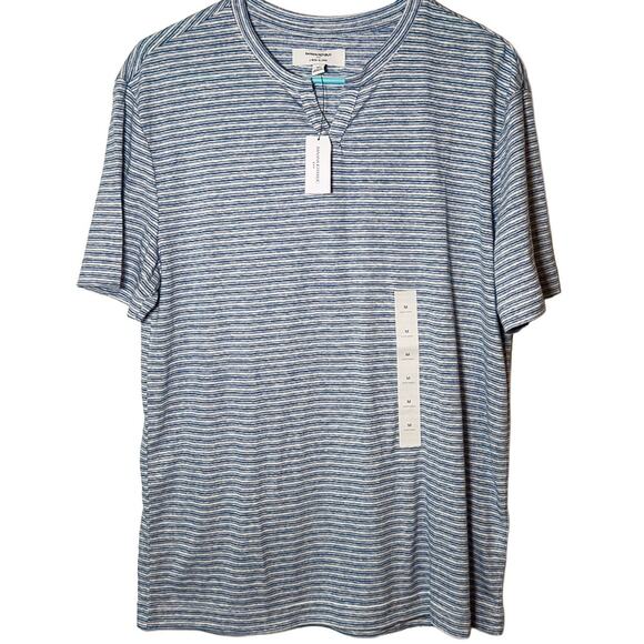 Banana Republic Linen-Blend Notch-Neck Blue Stripe T-Shirt Men's Medium NWT - Picture 1 of 6